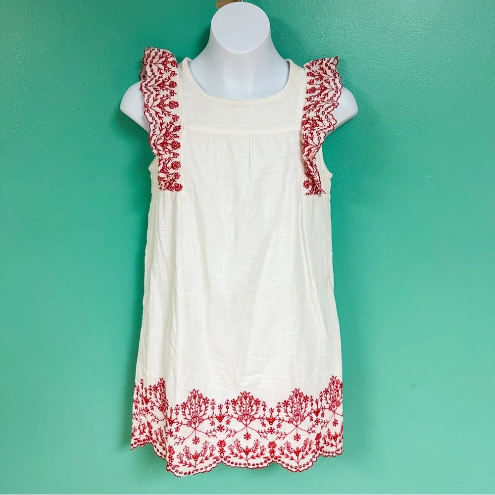 Old Navy White & Red Ruffle Embroidered Shift Dress Girls Size M 8